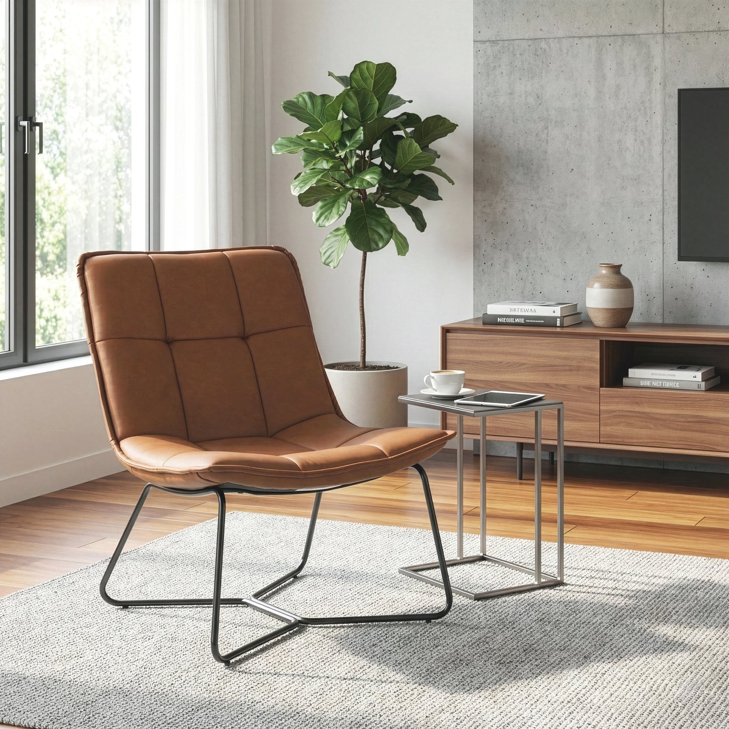 Aurele Light Brown Faux Leather Armless Accent Chair with Black Metal Legs
