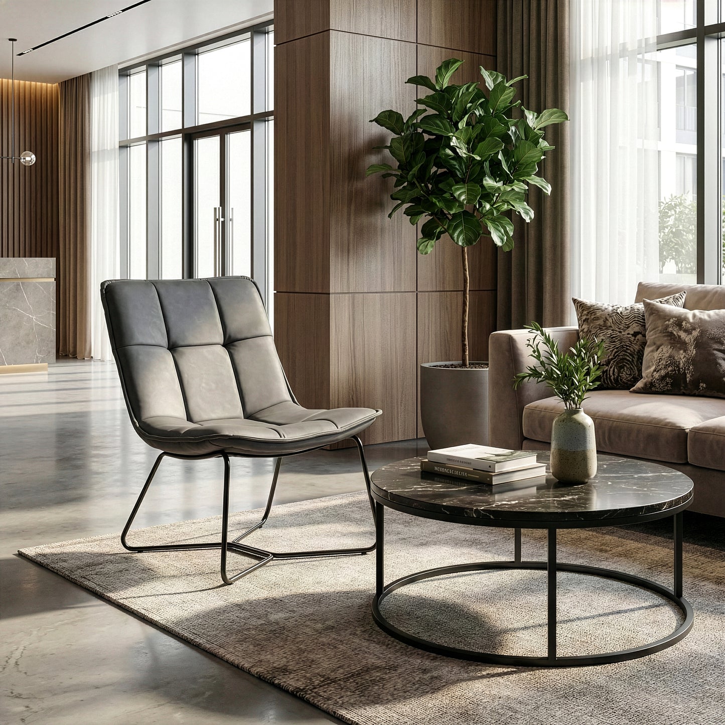 Aurele Grey Faux Leather Armless Accent Chair with Black Metal Legs