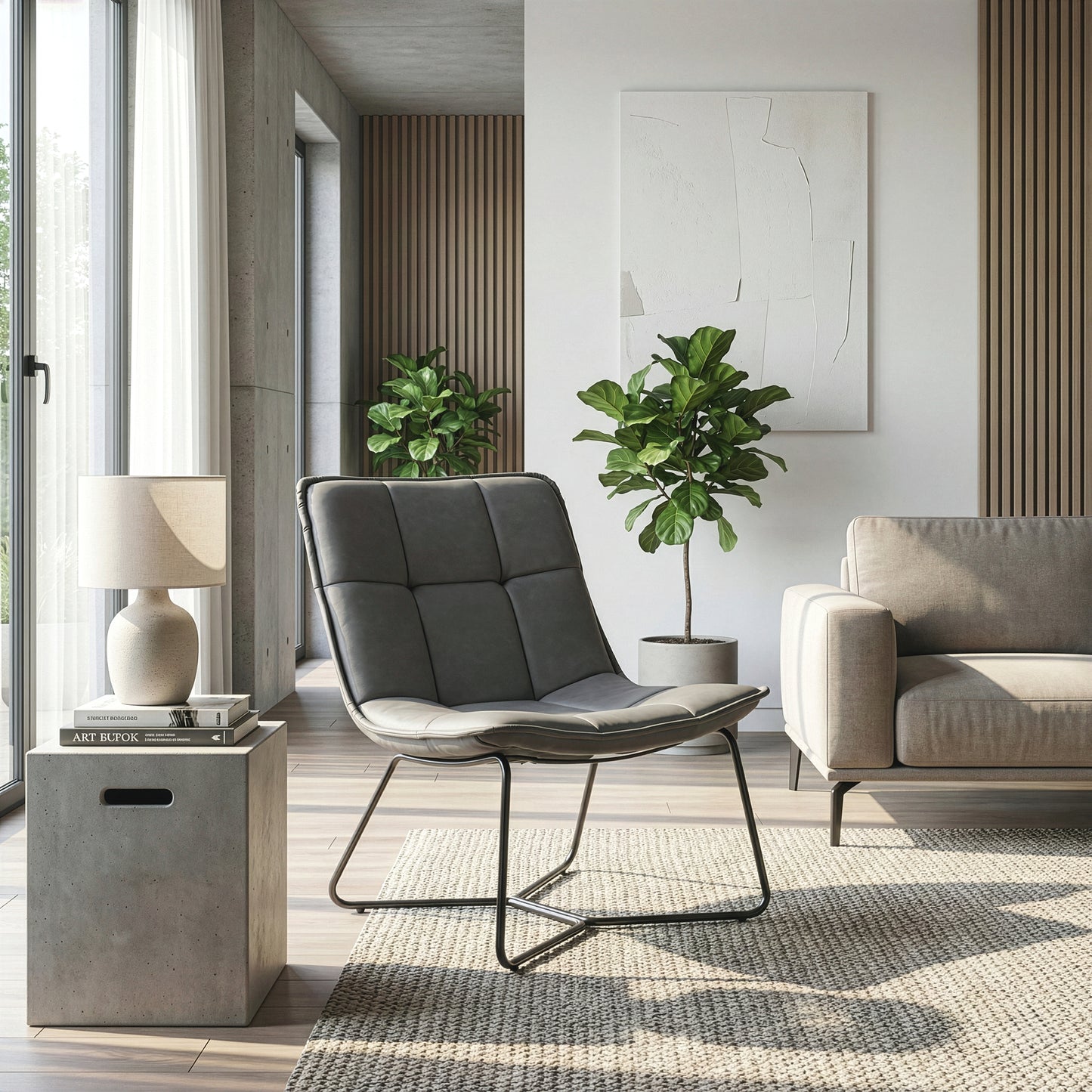 Aurele Grey Faux Leather Armless Accent Chair with Black Metal Legs