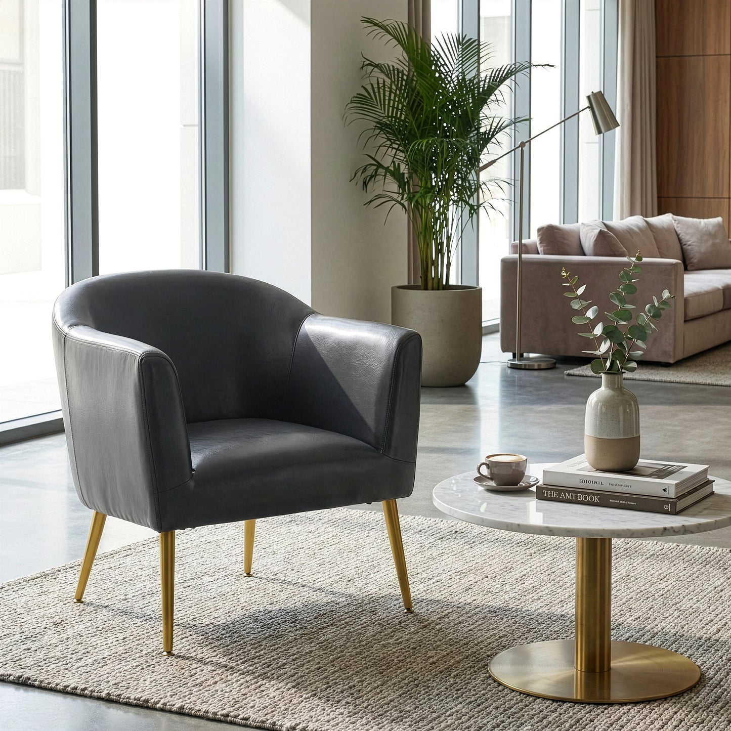 Avi Gray Faux Leather Accent Chair with Golden Legs