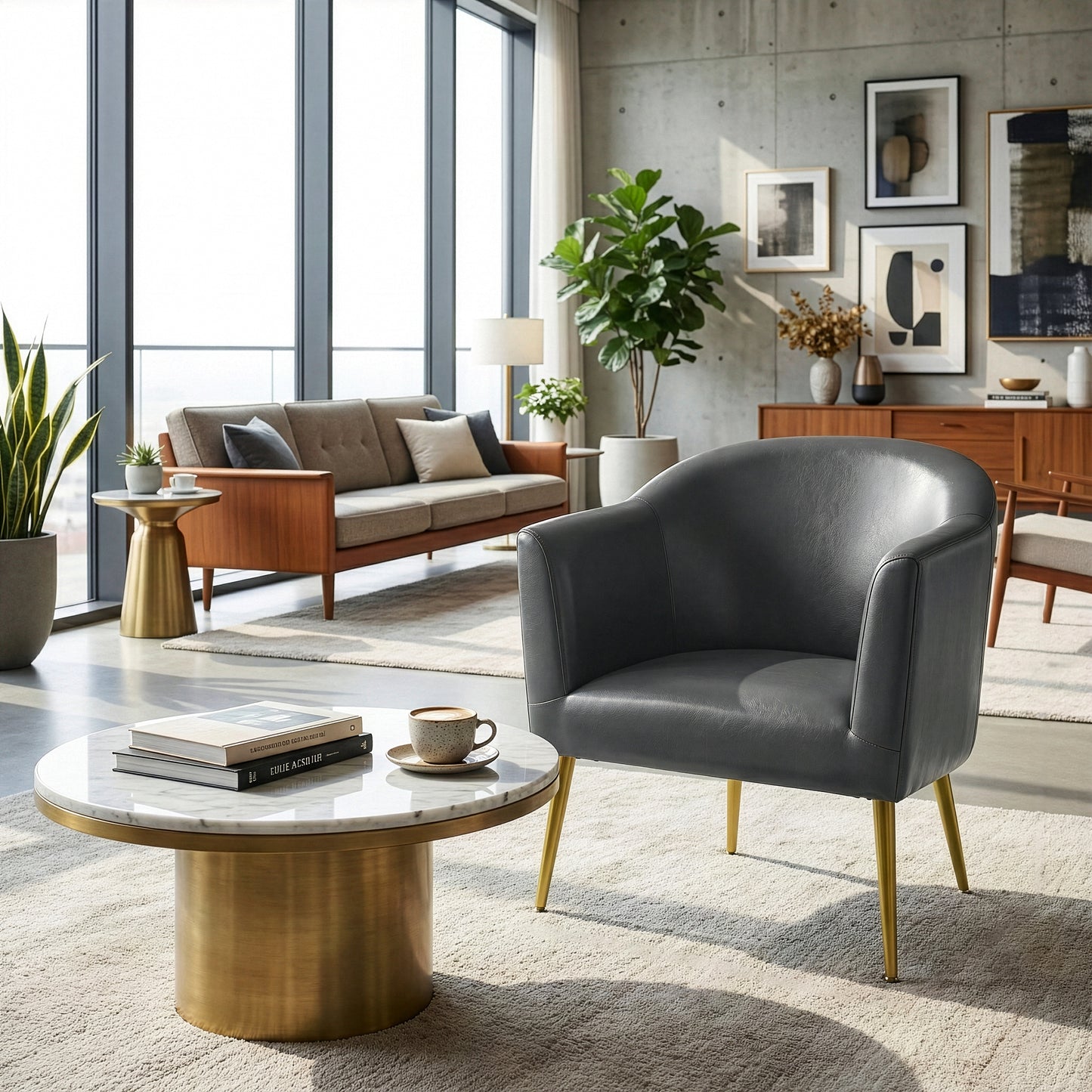 Avi Gray Faux Leather Accent Chair with Golden Legs
