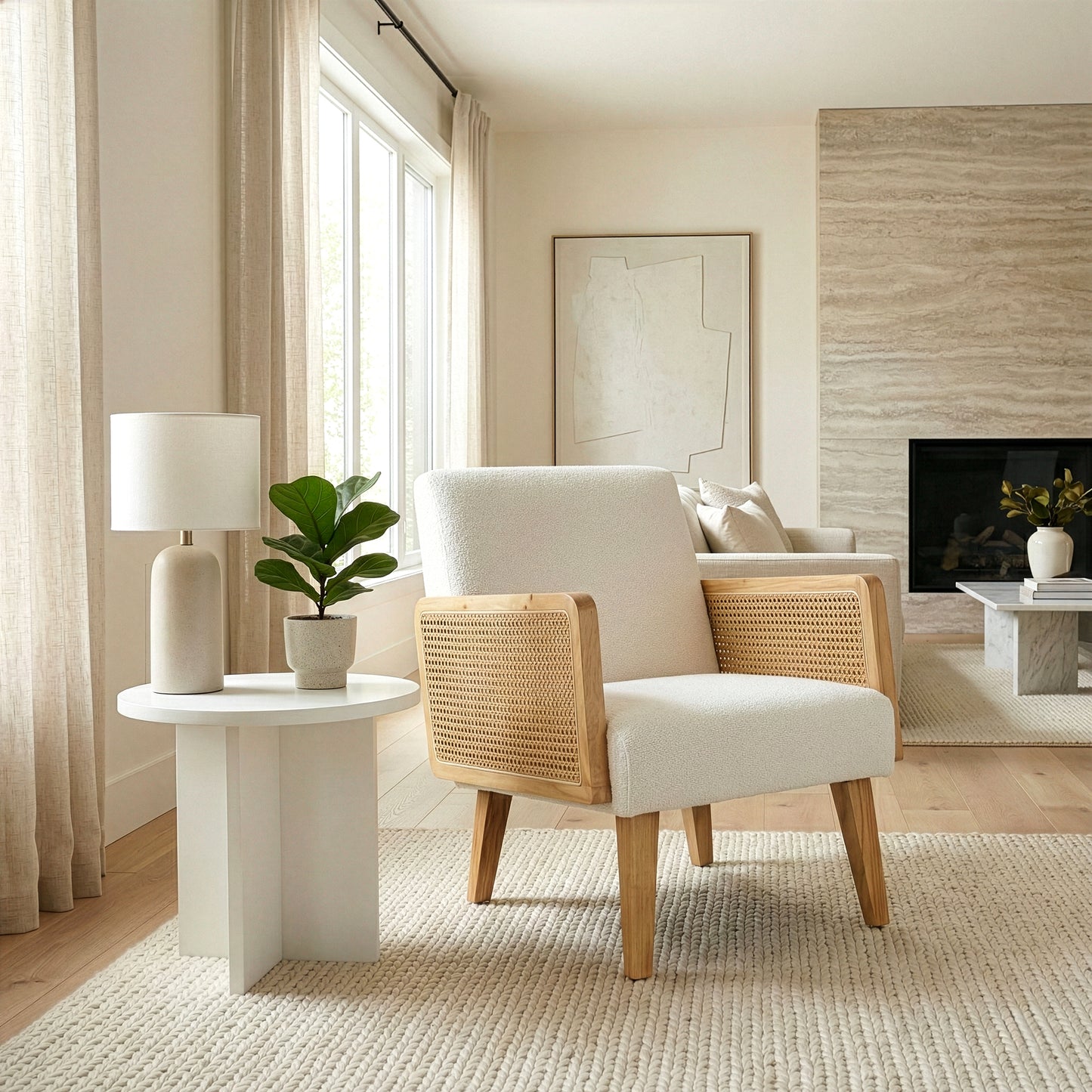 Ayaki White Woven Accent Chair with Rattan Arms