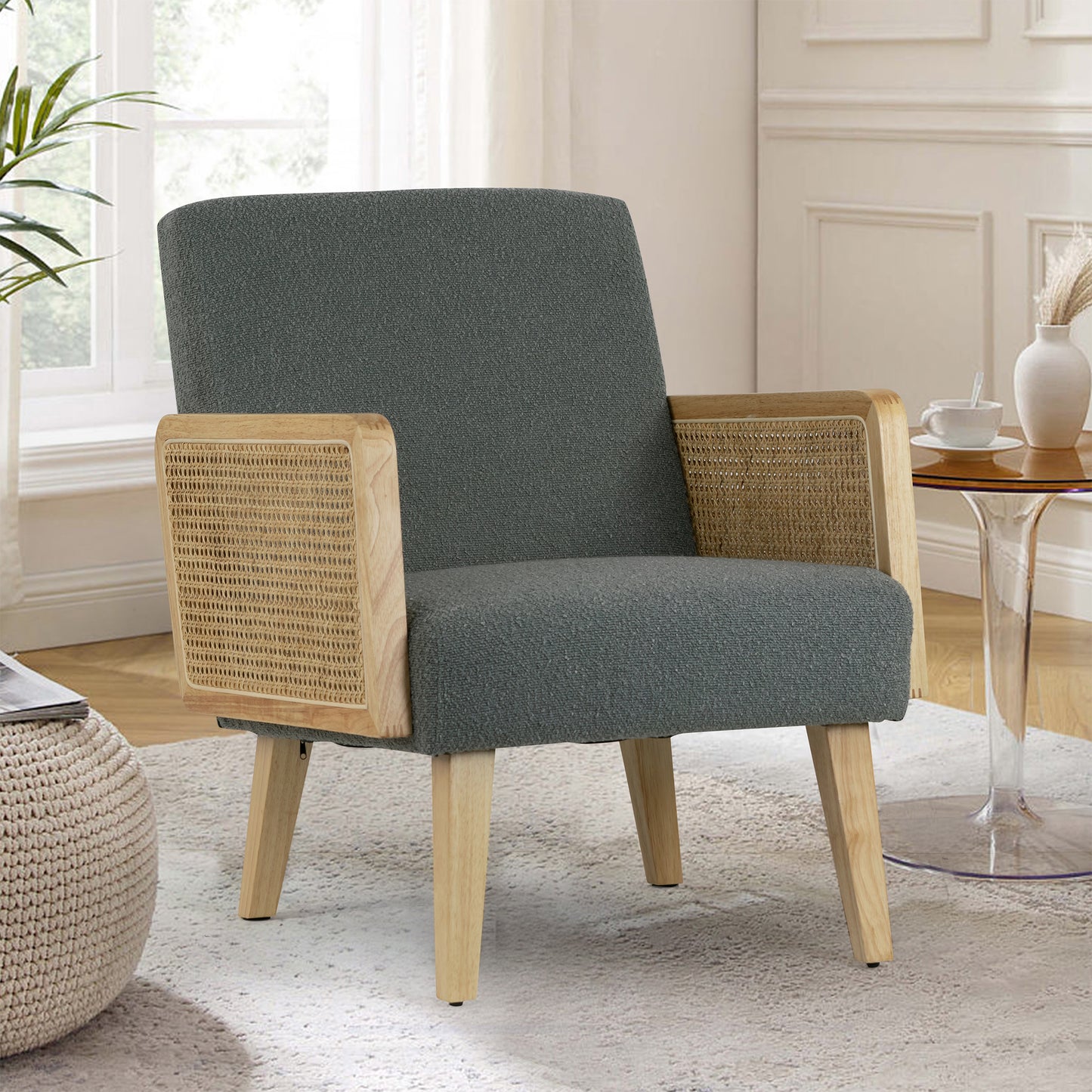 Ayaki Gray Woven Accent Chair with Rattan Arms