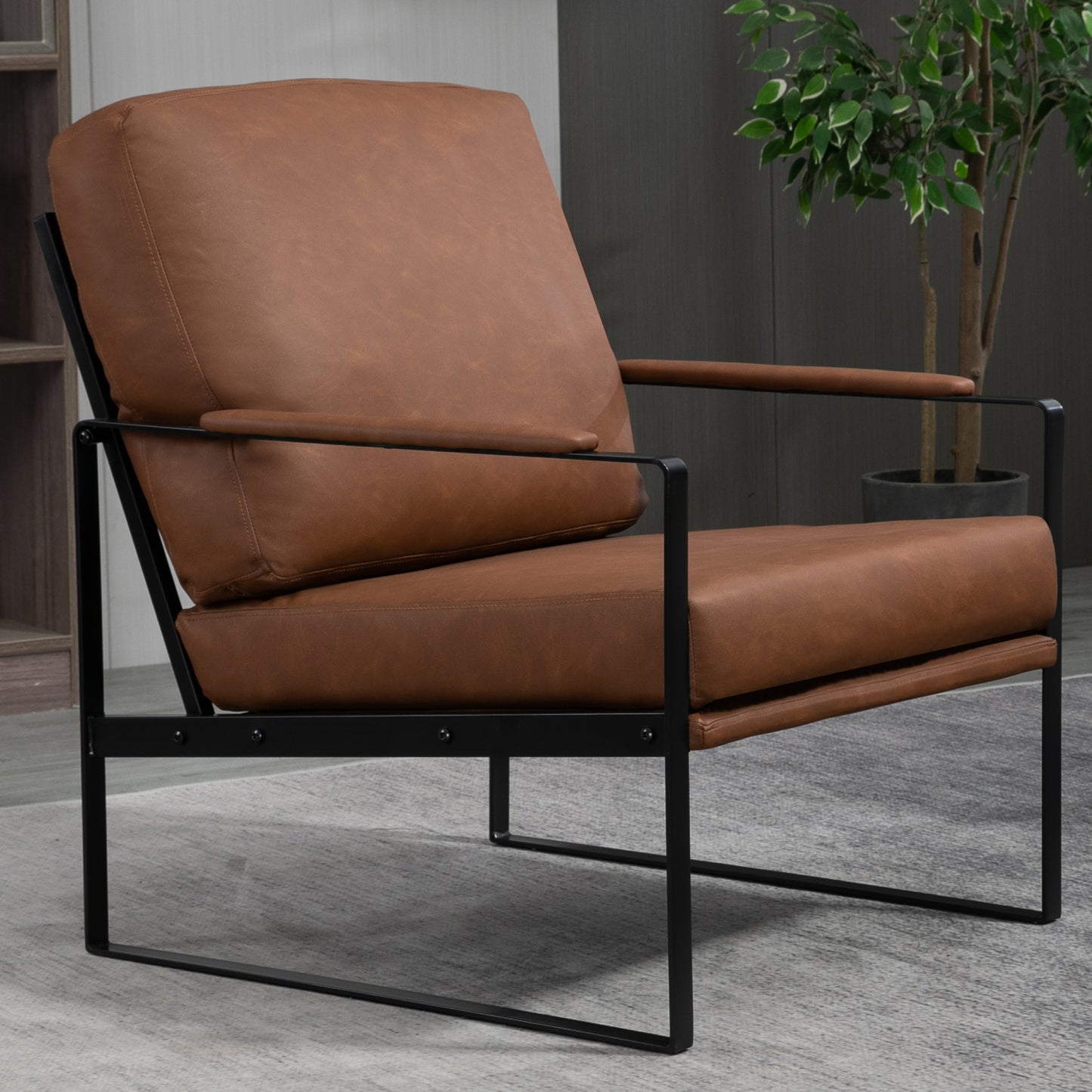 Ayume Brown Faux Leather Accent Chair with Black Iron Legs