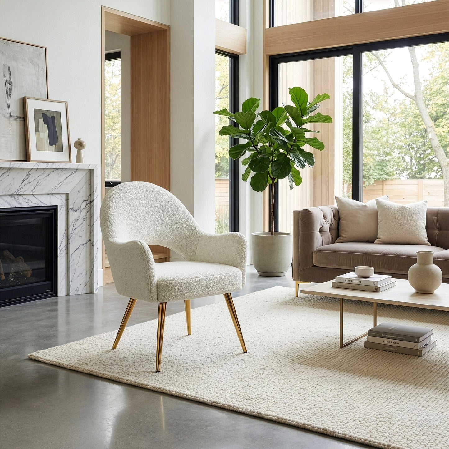 Azael White Boucle Accent Chair with Gold Legs