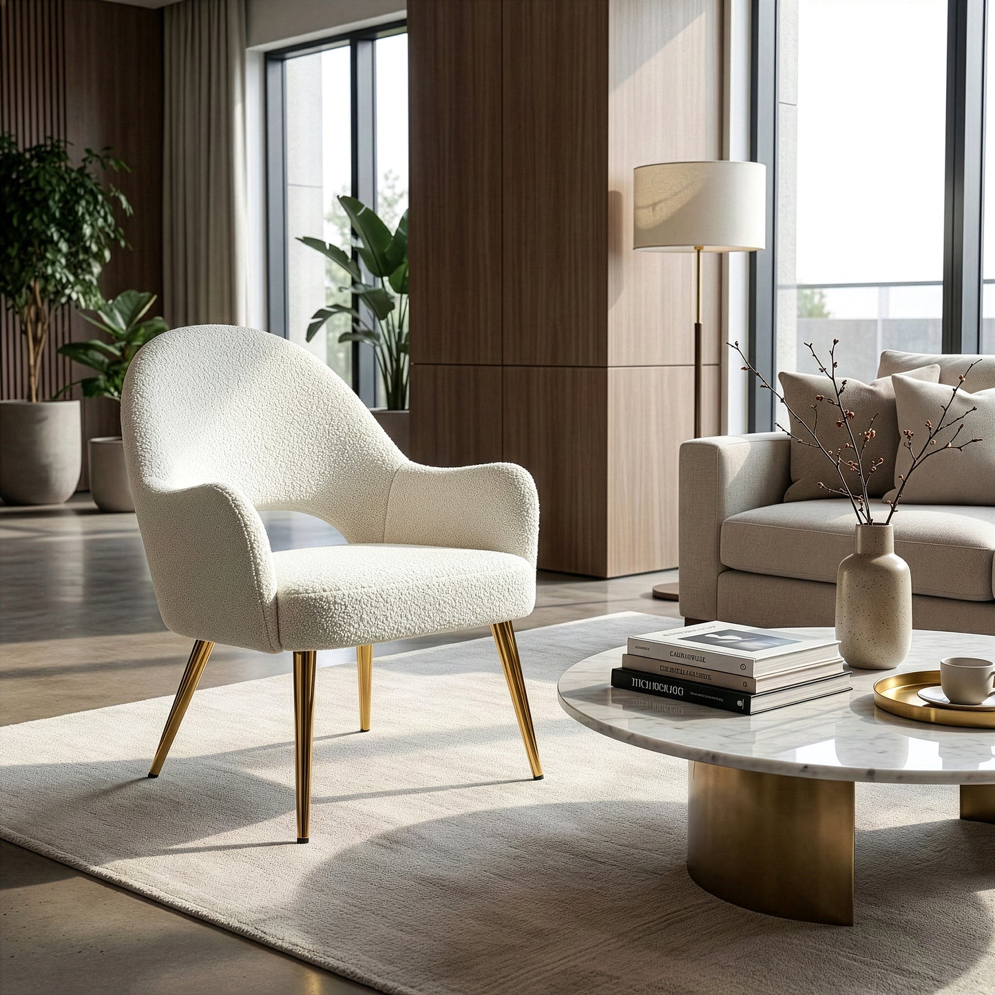 Azael White Boucle Accent Chair with Gold Legs