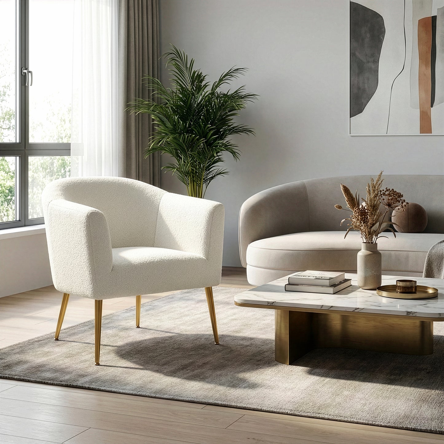 Ayami White Boucle Accent Chair with Gold Legs