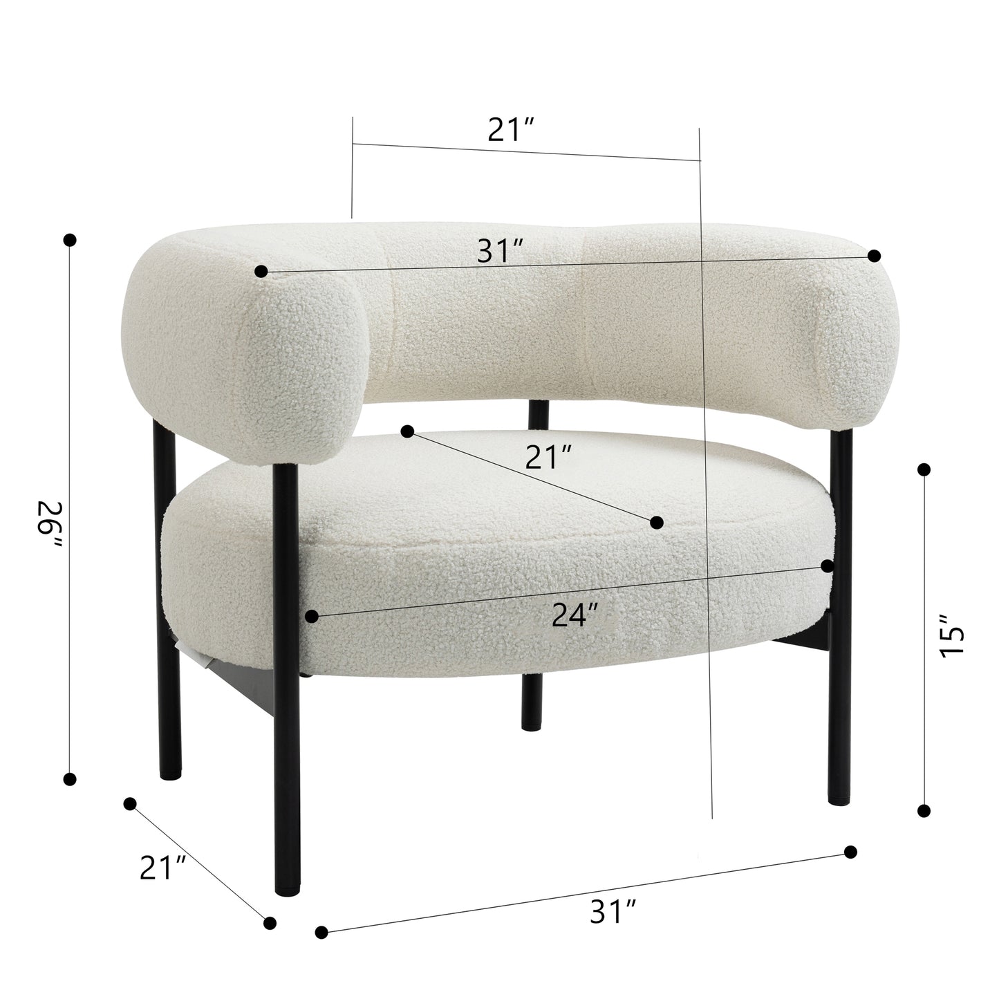 Ayuka White Boucle Fabric Accent Chair with Black Iron Legs