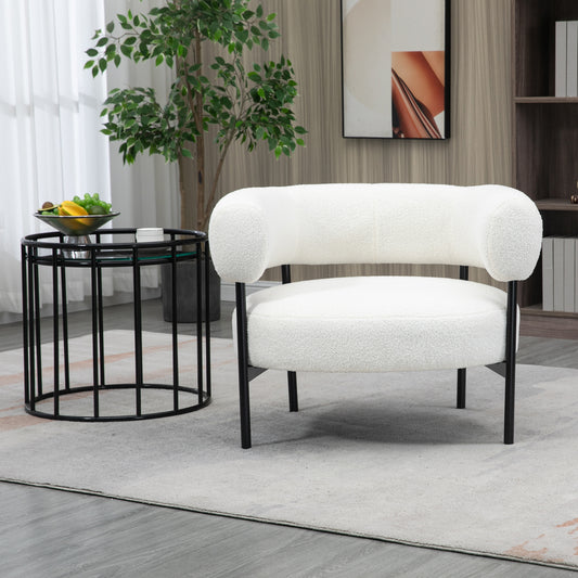 Ayuka White Boucle Fabric Accent Chair with Black Iron Legs