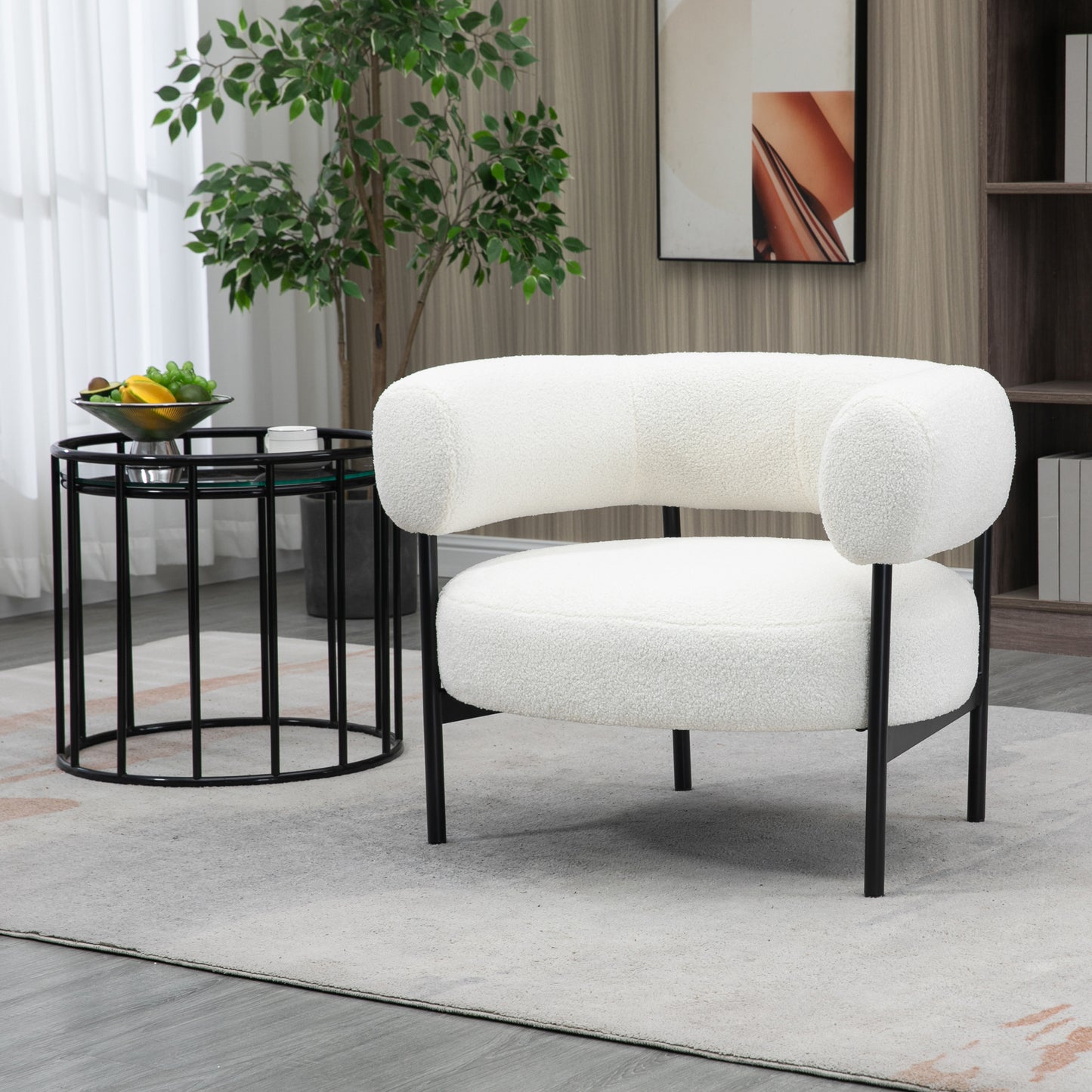 Ayuka White Boucle Fabric Accent Chair with Black Iron Legs