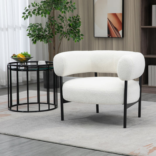 Ayuka White Boucle Fabric Accent Chair with Black Iron Legs