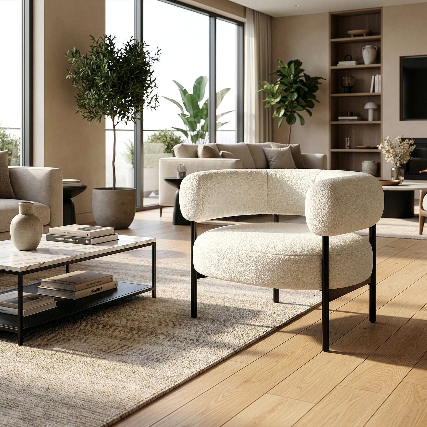 Ayuka White Boucle Fabric Accent Chair with Black Iron Legs