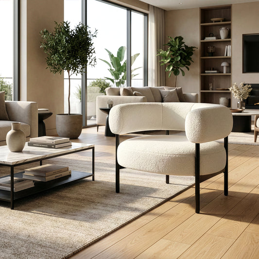 Ayuka White Boucle Fabric Accent Chair with Black Iron Legs