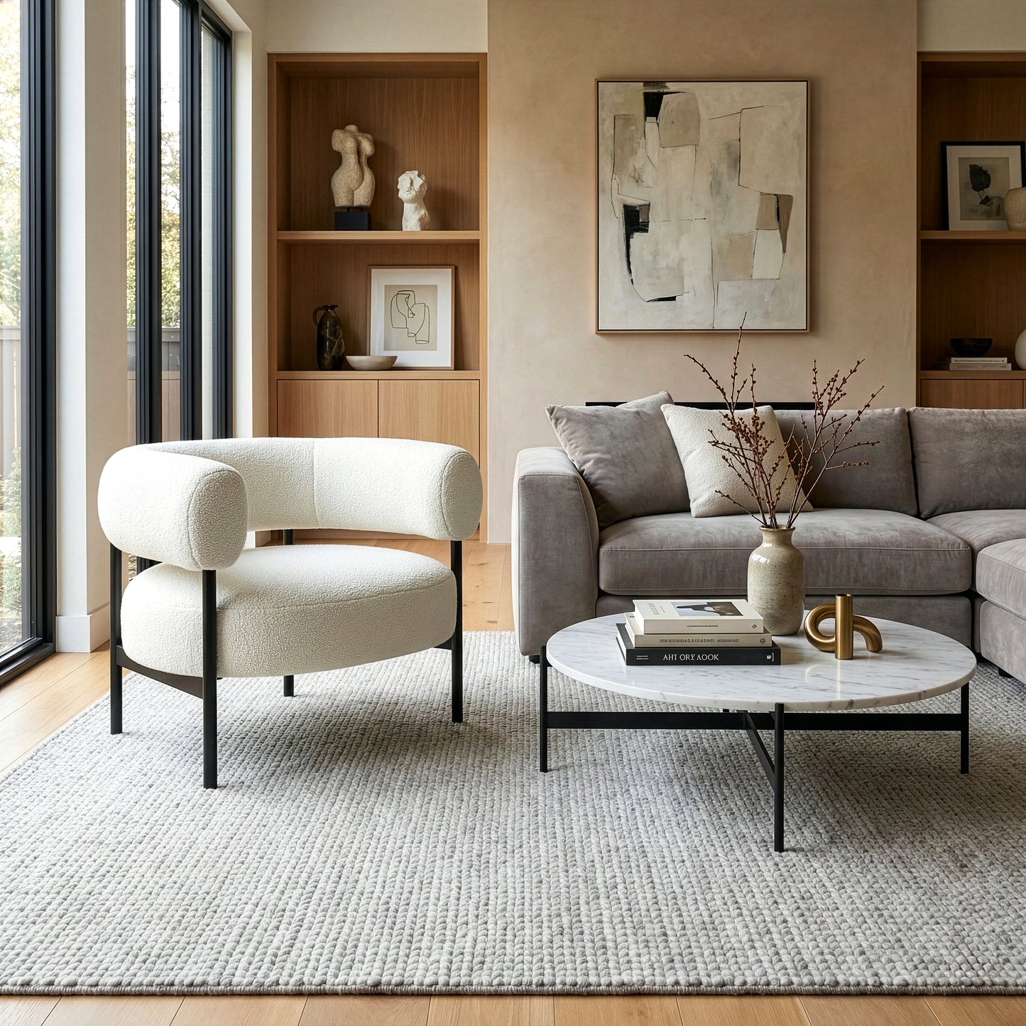 Ayuka White Boucle Fabric Accent Chair with Black Iron Legs
