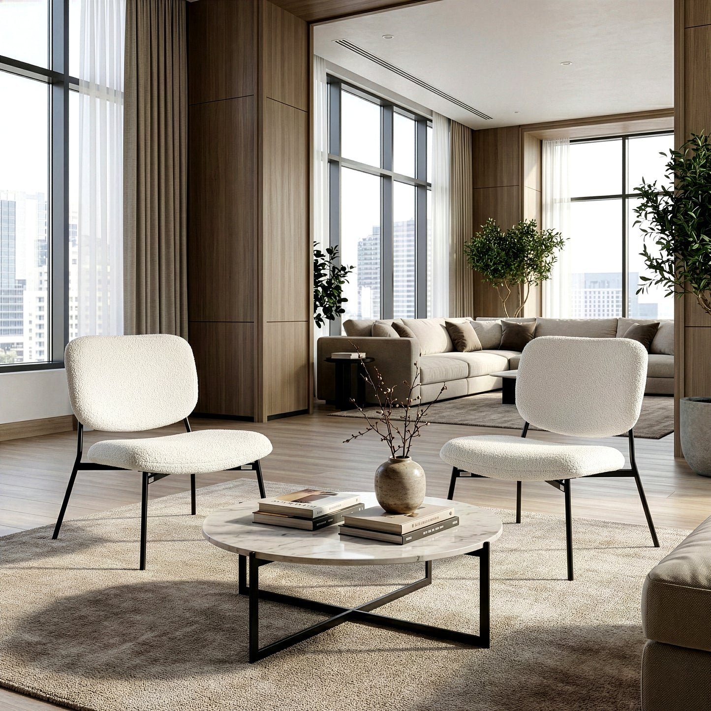 Set of 2 Bellamy White Boucle Fabric Accent Chairs with Black Iron Legs