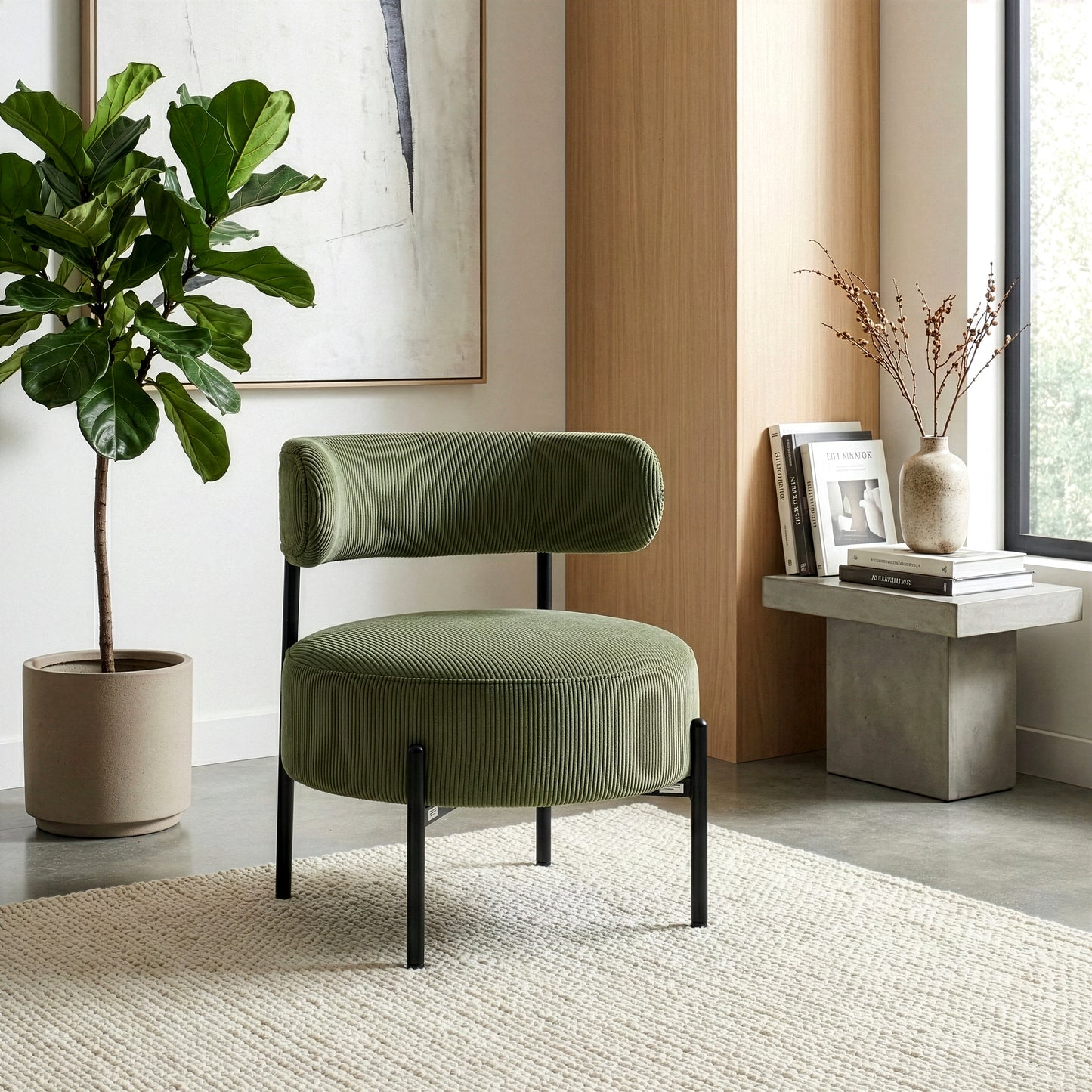 Bellatrix Green Corduroy Fabric Accent Chair with Black Iron Legs
