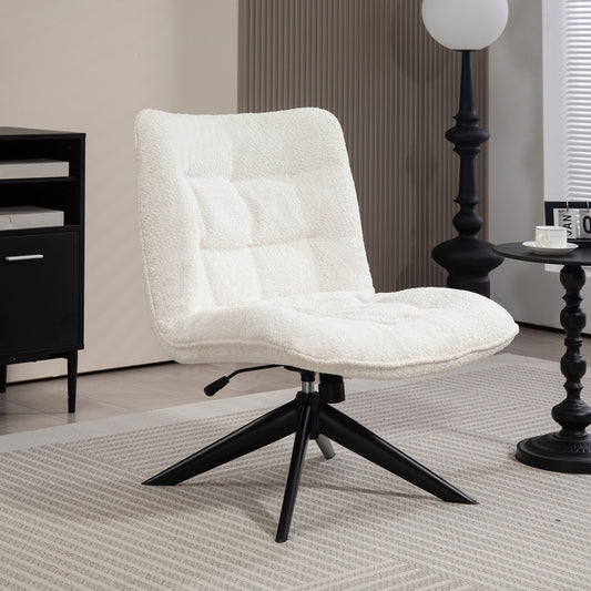 Belva White Boucle Upholstered Fabric Accent Chair with Black Metal Swivel Legs