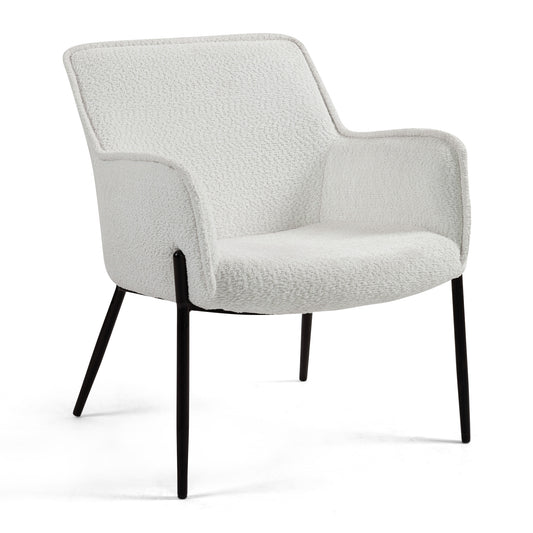 Belvedere White Boucle Upholstered Fabric Accent Chair with Black Iron Legs