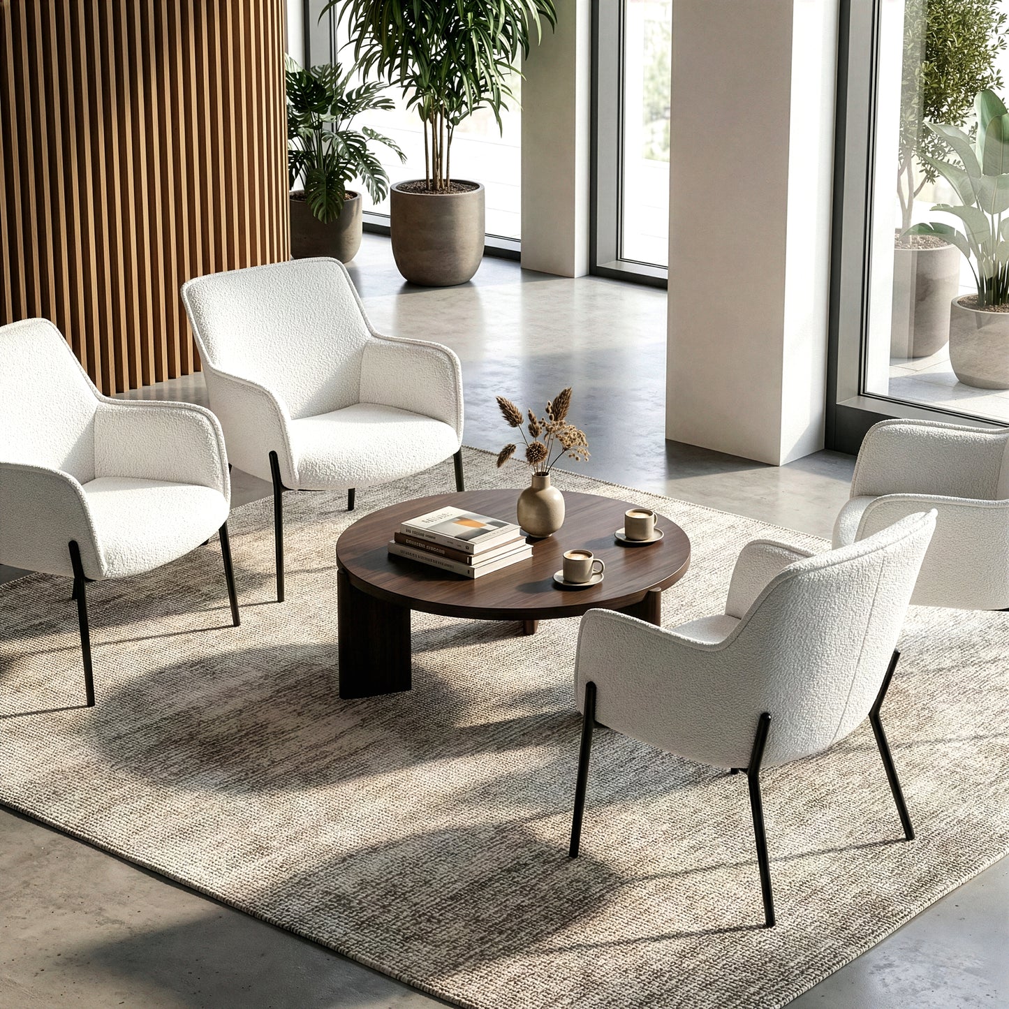 Belvedere White Boucle Upholstered Fabric Accent Chair with Black Iron Legs