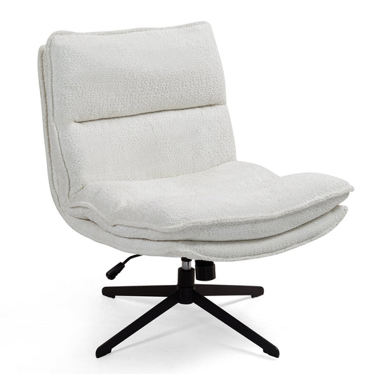 Benecia White Boucle Upholstered Fabric Accent Chair with Black Metal Swivel Legs