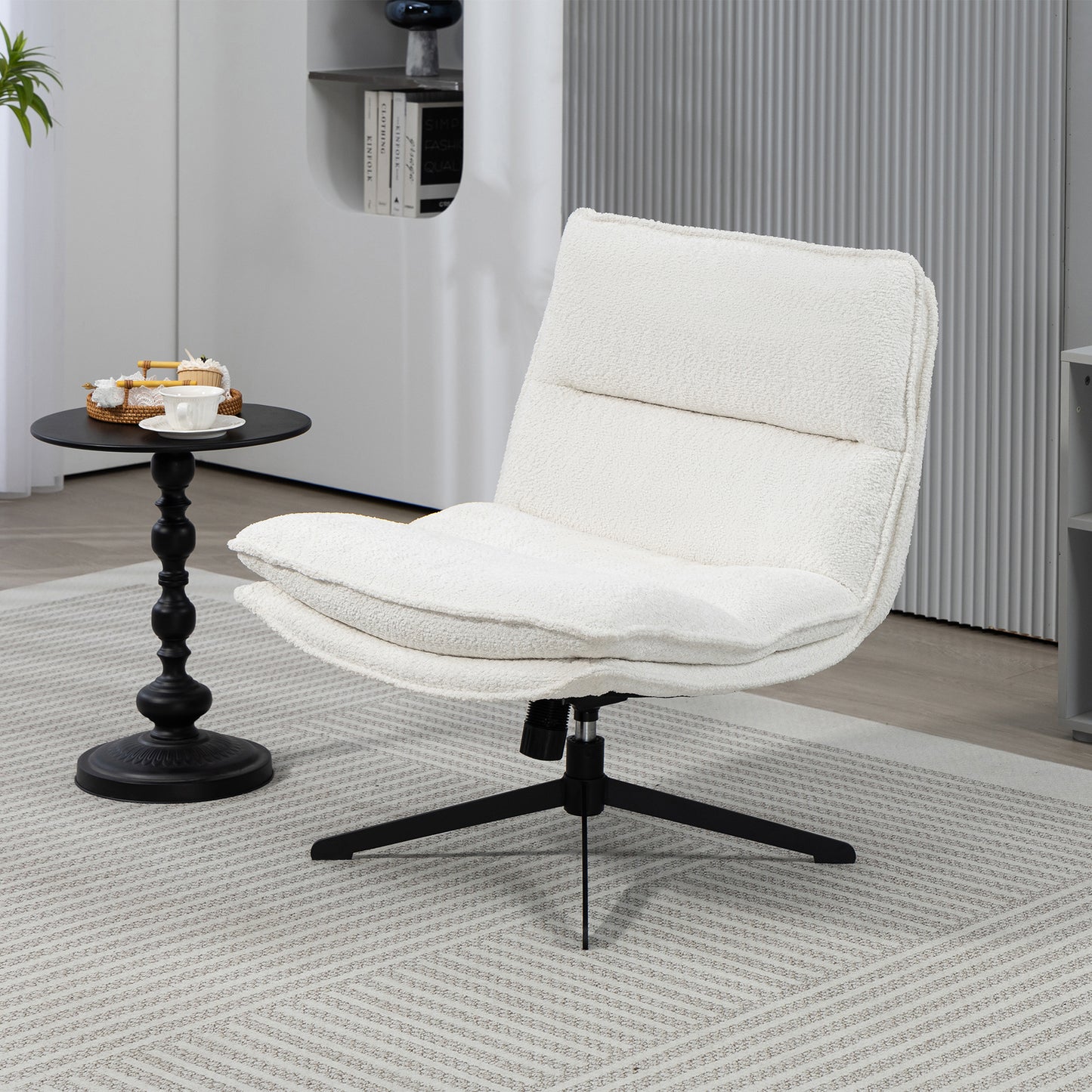 Benecia White Boucle Upholstered Fabric Accent Chair with Black Metal Swivel Legs