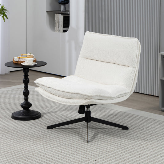 Benecia White Boucle Upholstered Fabric Accent Chair with Black Metal Swivel Legs