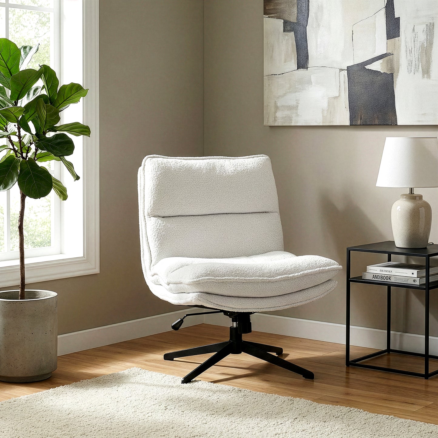 Benecia White Boucle Upholstered Fabric Accent Chair with Black Metal Swivel Legs