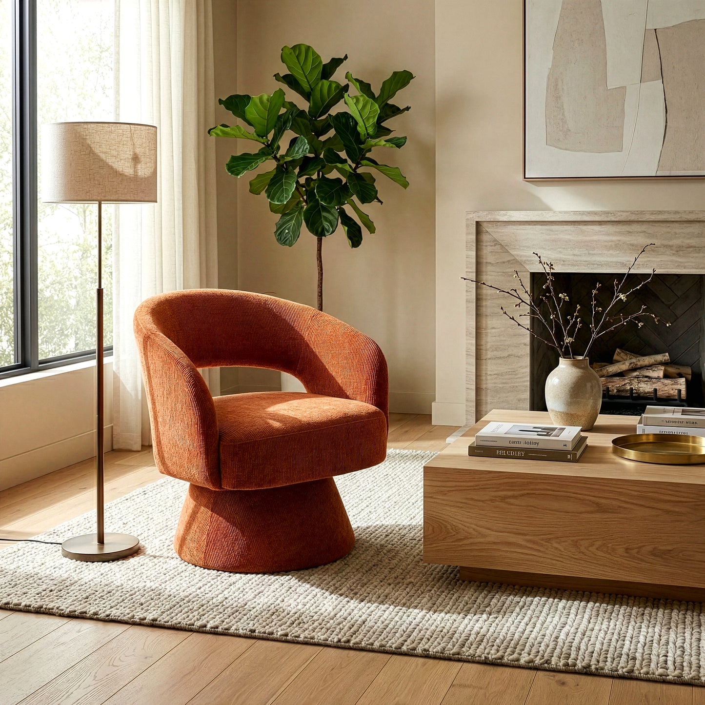 Belenus Orange Corduroy Fabric Swivel Accent Chair
