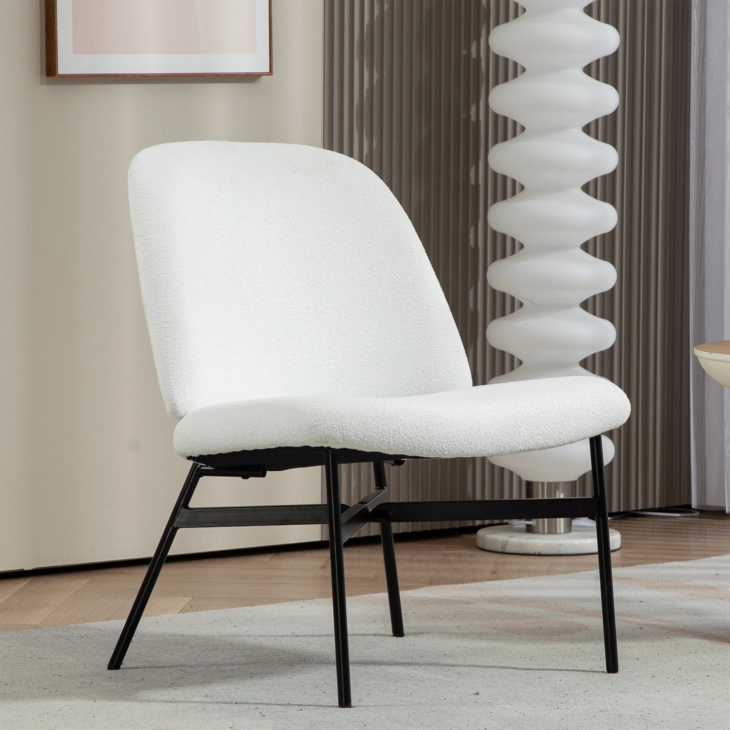 Belhonor White Fabric Accent Chair with Black Metal Legs