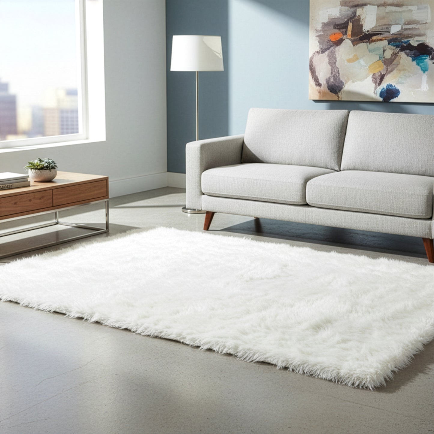 Faux Sheepskin Fur Area Rug White Rectangular 5x3