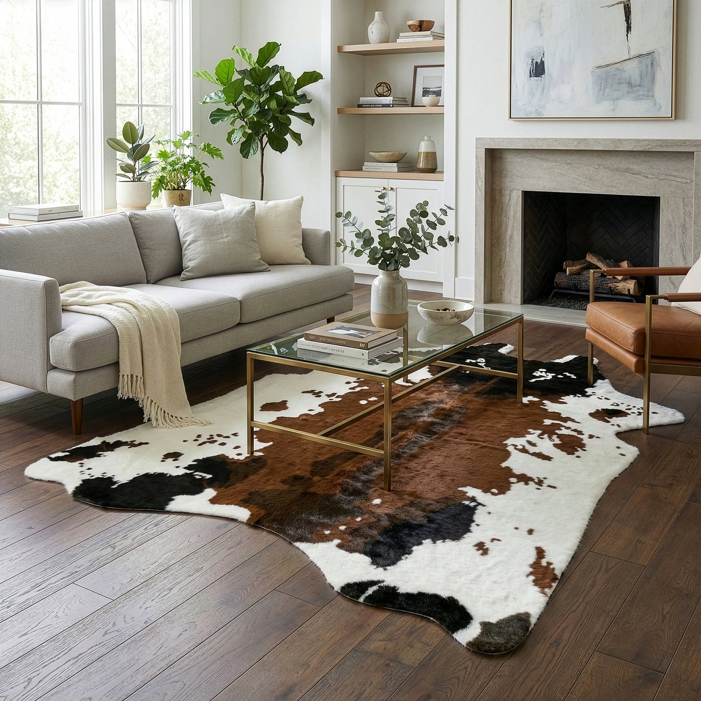 Alecia Faux Cowhide Brown and White Area Rug 68 inch by 50 inch