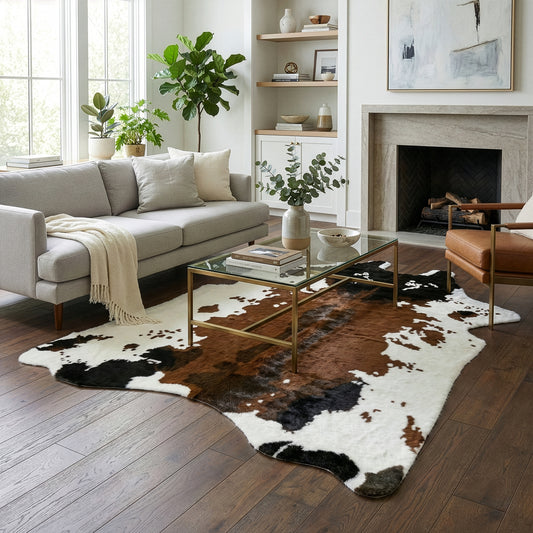 Alecia Faux Cowhide Brown and White Area Rug 68 inch by 50 inch