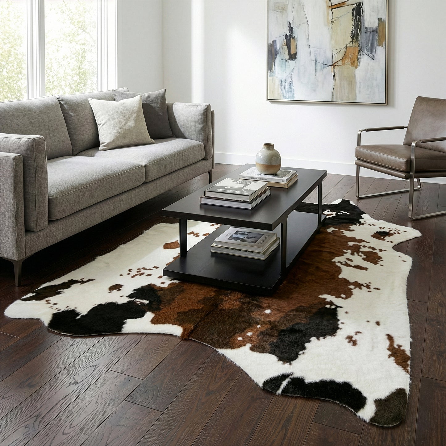 Alecia Faux Cowhide Brown and White Area Rug 68 inch by 50 inch