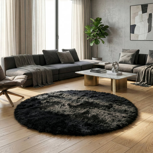 Alair Black Round Faux Fur Area Rug 5 Foot Wide