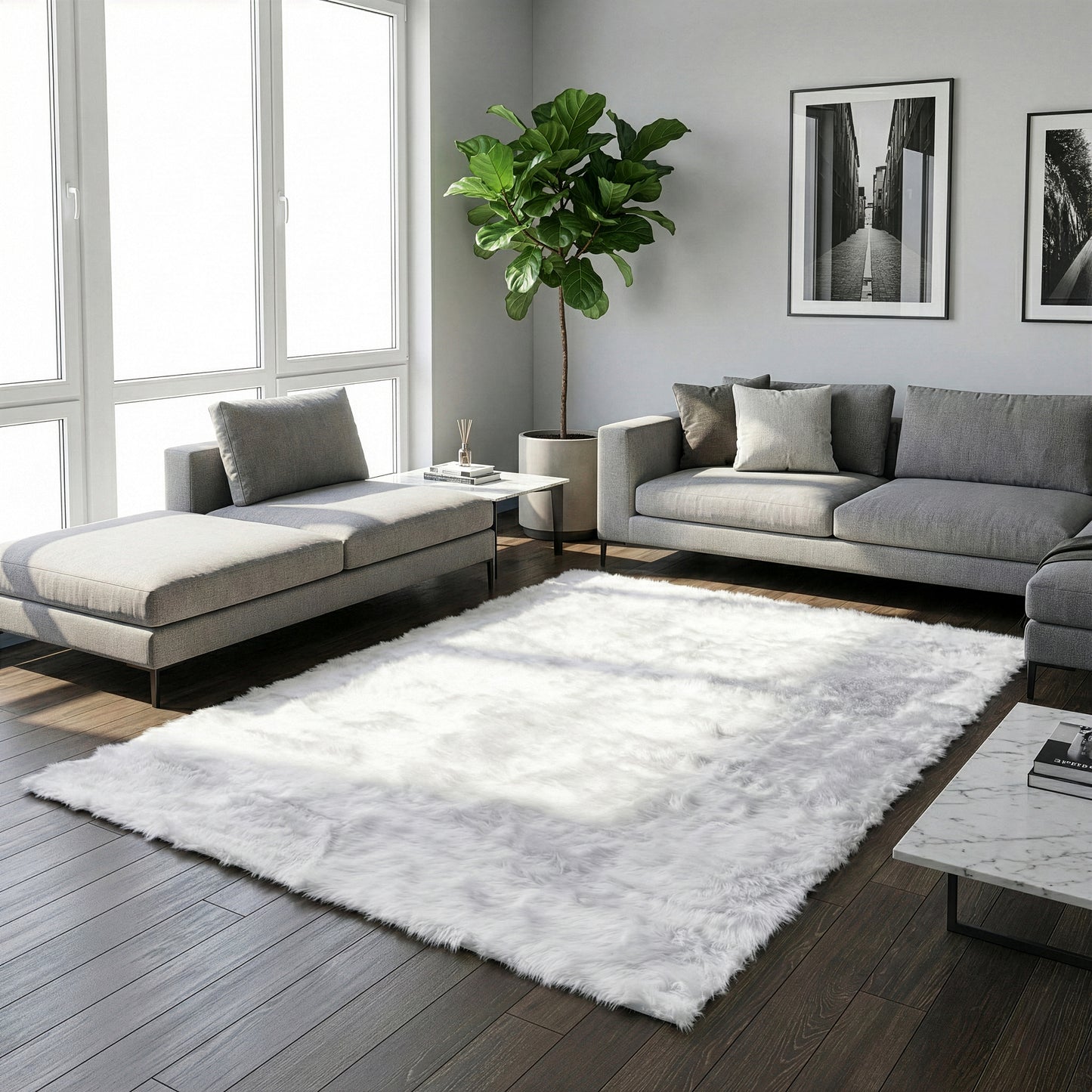 Auriel Faux Sheepskin Fur Area Rug White Rectangular 5x8