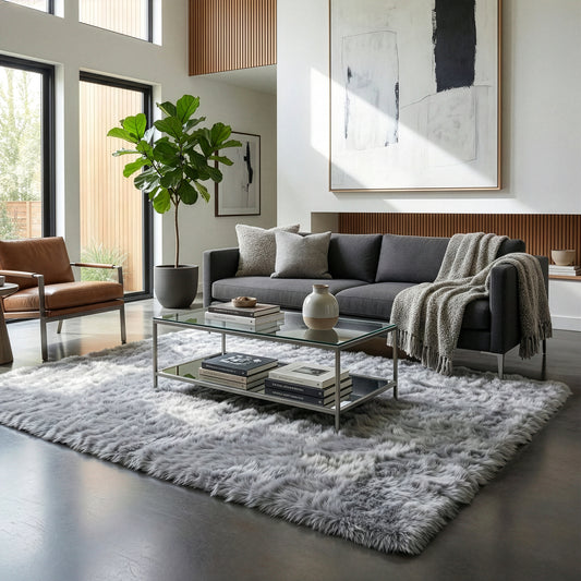 Auriel Faux Sheepskin Fur Area Rug Grey Rectangular 5x7