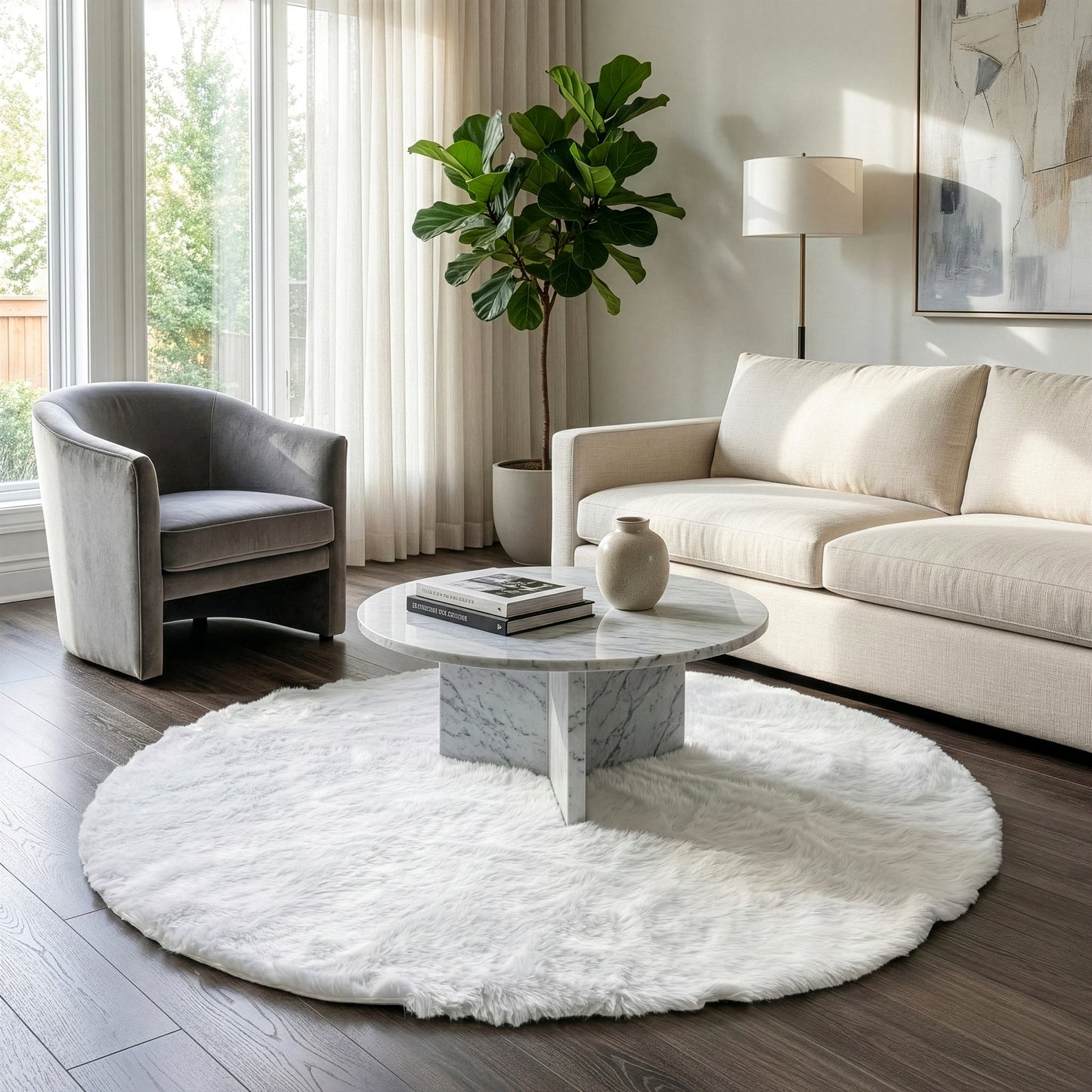 Aurora White Round Faux Fur Area Rug 5 Foot Wide