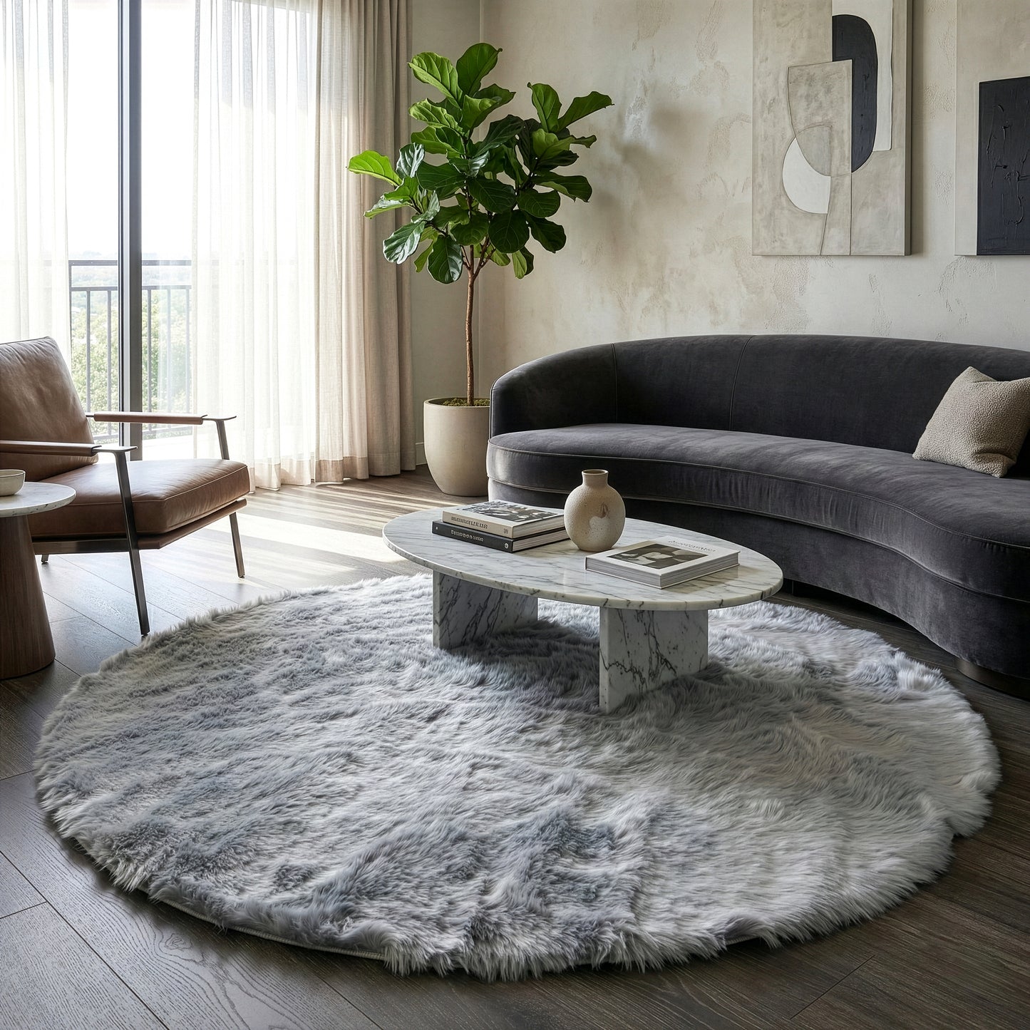 Aurora Grey Round Faux Fur Area Rug 5 Foot Wide