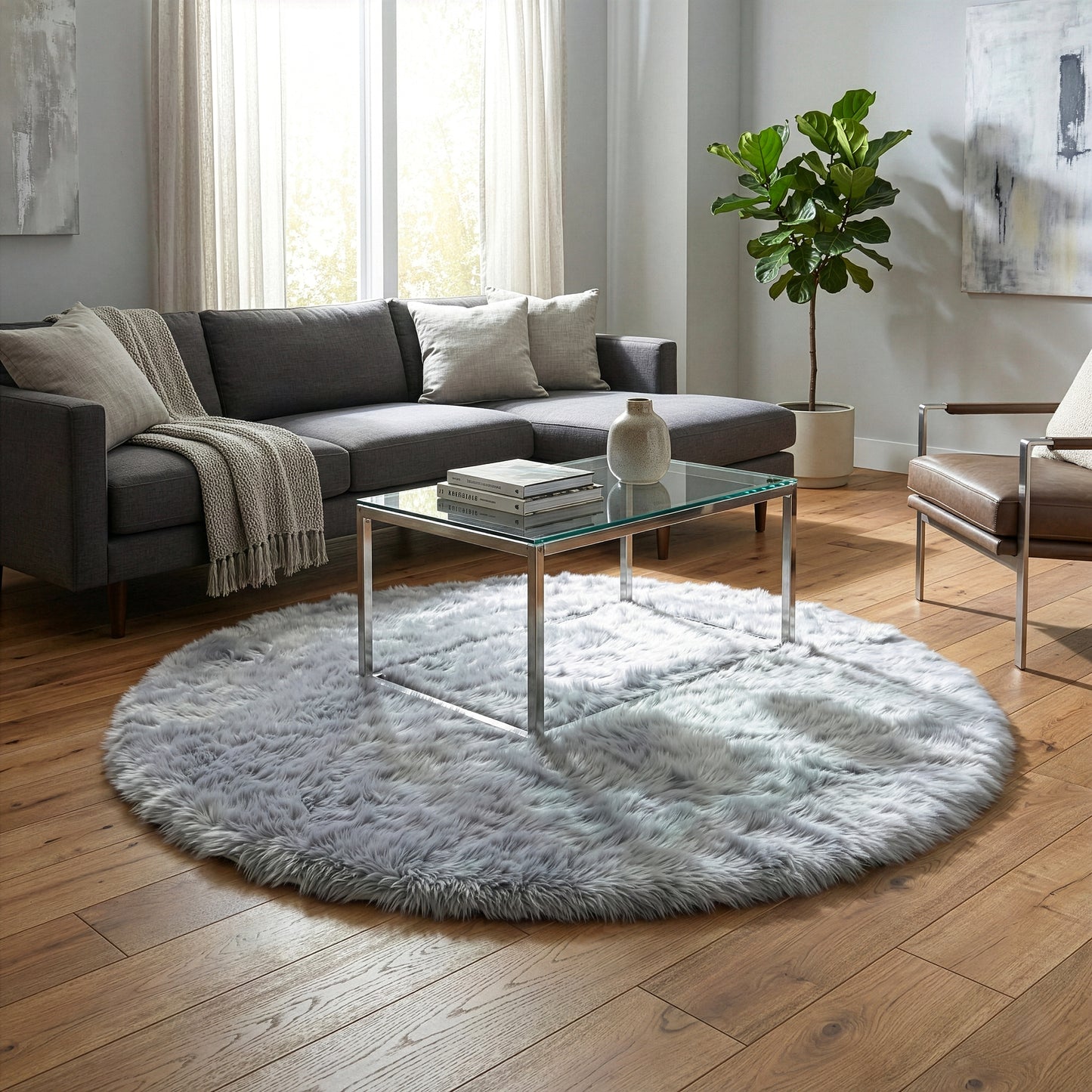 Aurora Grey Round Faux Fur Area Rug 4 Foot Wide