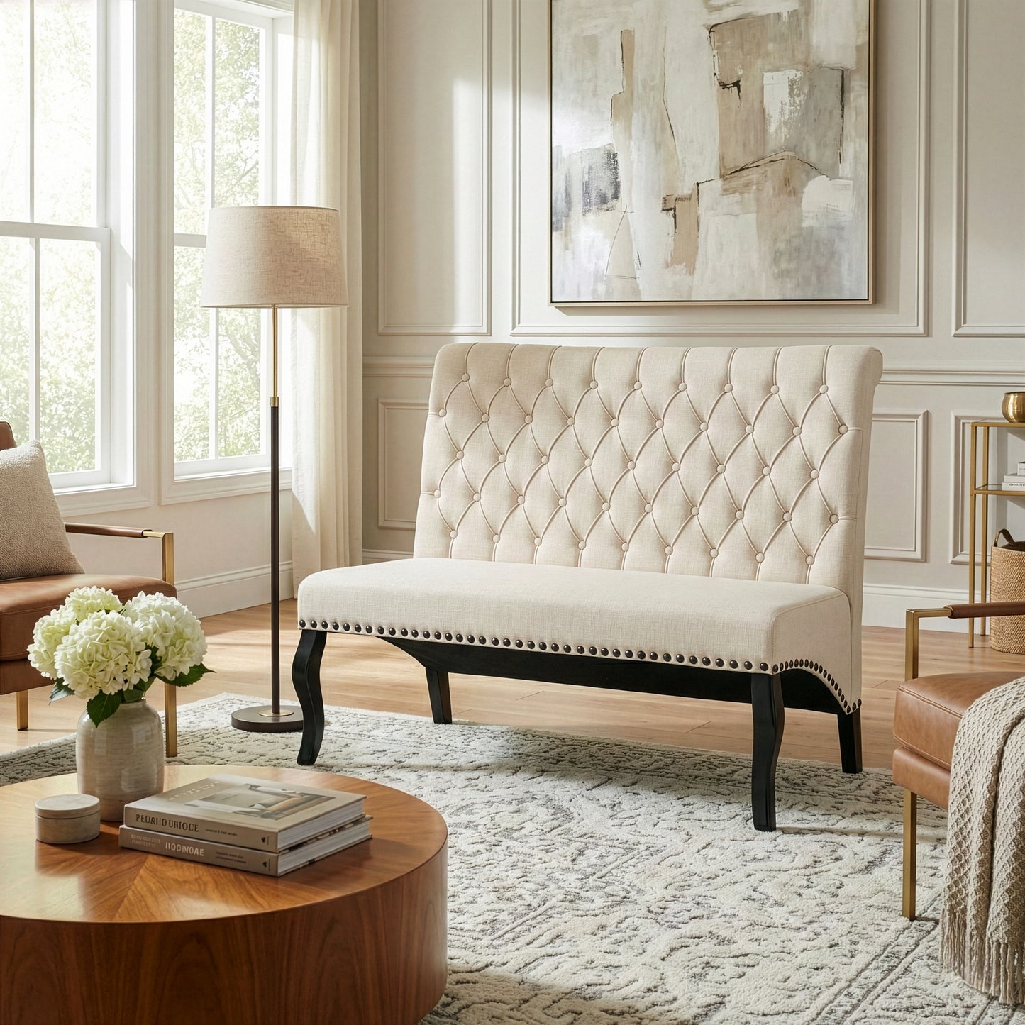 Alisa Beige Upholstered Settee Banquette Bench Loveseat with Button Tufting