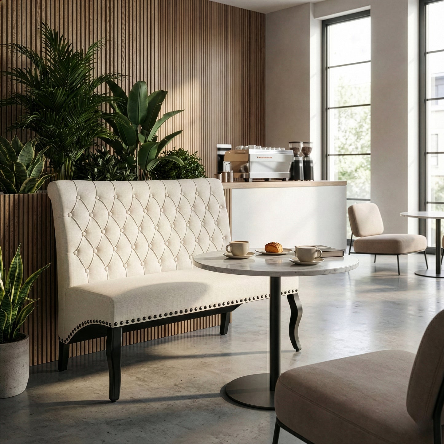 Alisa Beige Upholstered Settee Banquette Bench Loveseat with Button Tufting