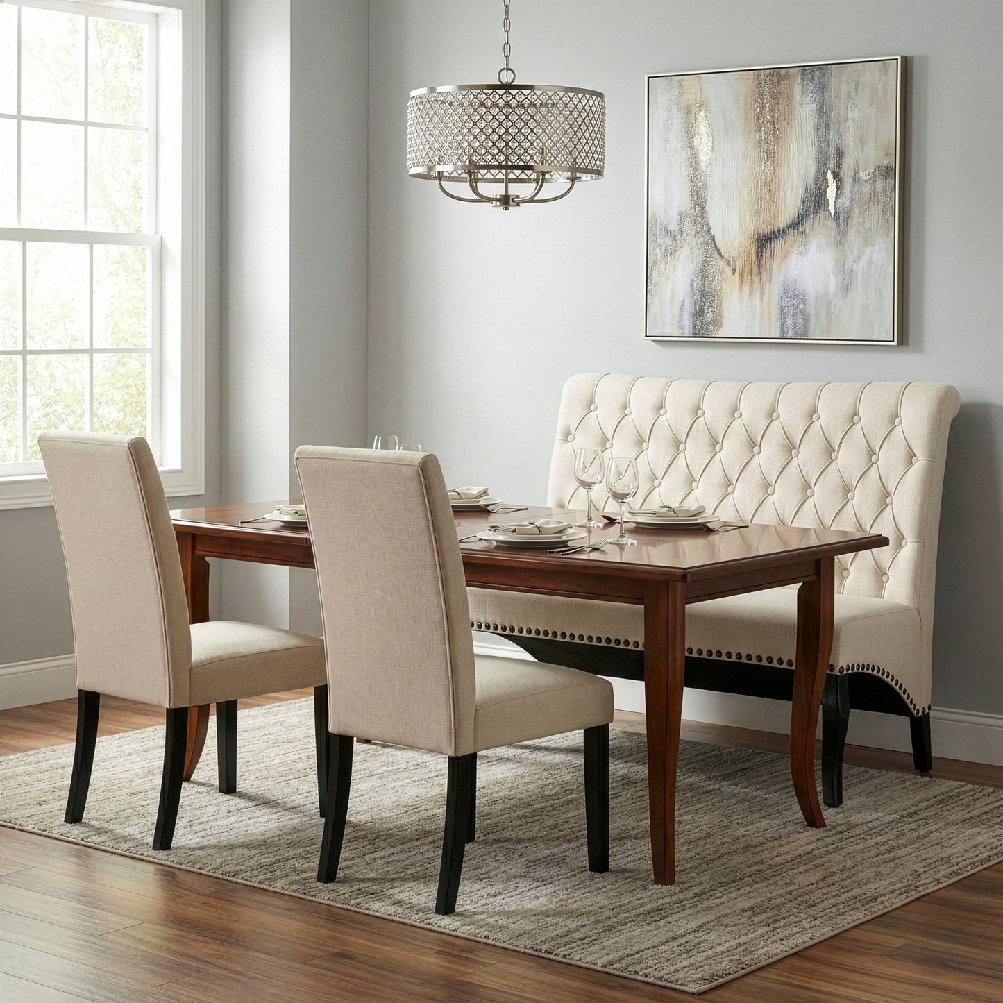 Alisa Beige Upholstered Settee Banquette Bench Loveseat with Button Tufting