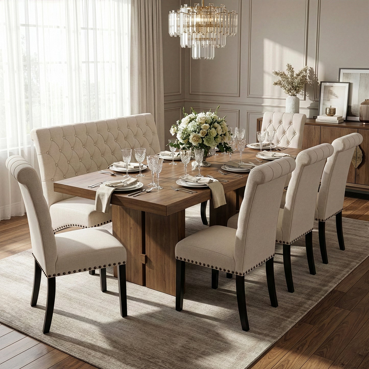 Alisa Beige Upholstered Settee Banquette Bench Loveseat with Button Tufting