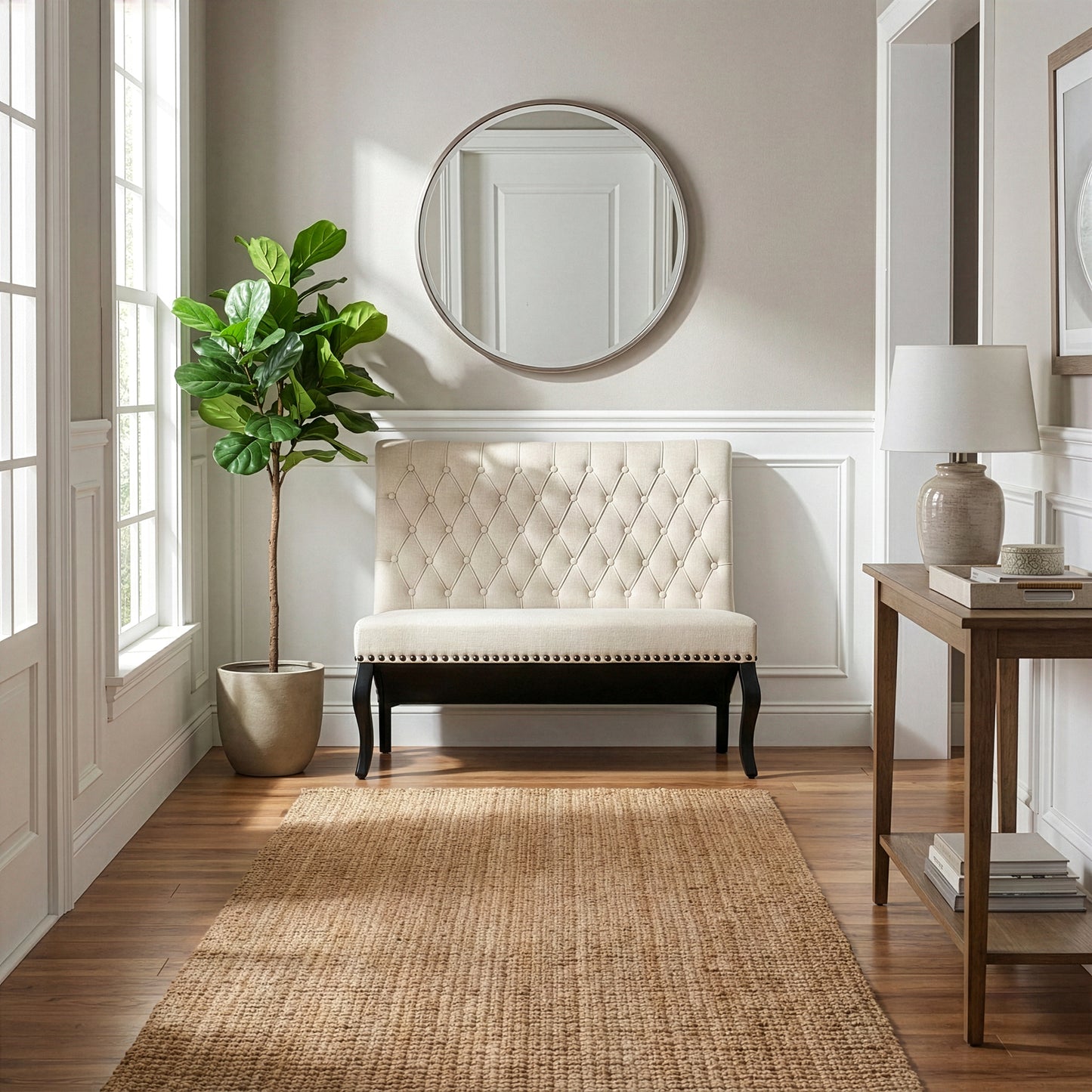 Alisa Beige Upholstered Settee Banquette Bench Loveseat with Button Tufting