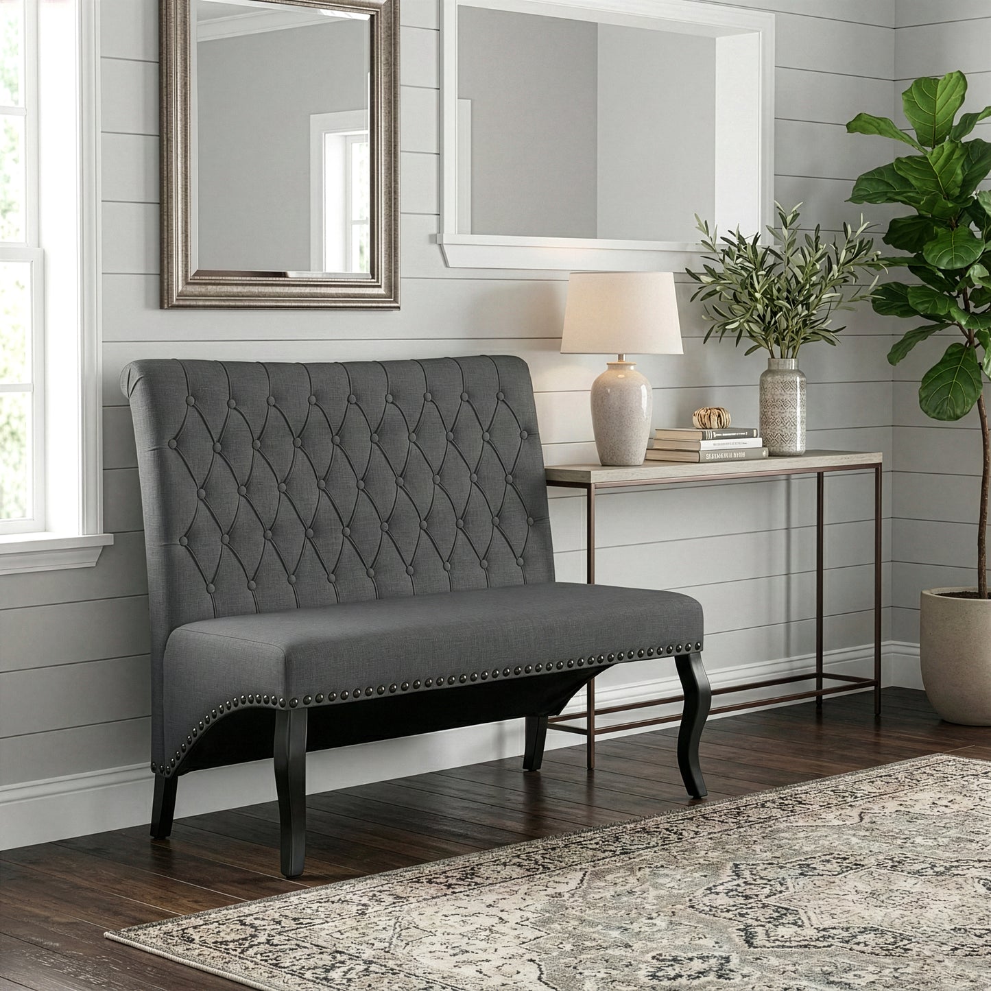 Alisa Grey Upholstered Settee Banquette Bench Loveseat with Button Tufting