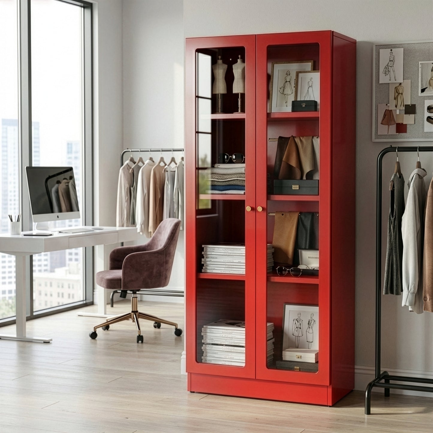 Avice 59-inch Red French Door Metal Cabinet