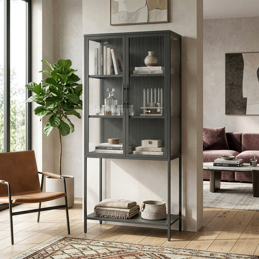 Benvolio 70.87-inch Black Two Door Storage Cabinet with Fluted Clear Doors