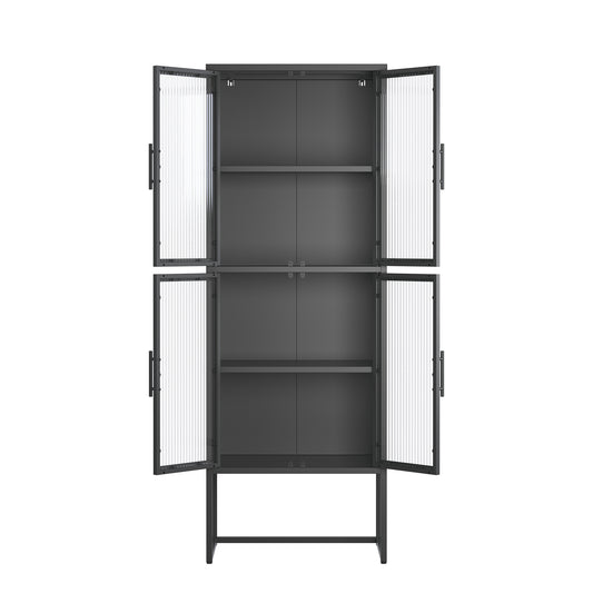 Benvolio 65.35-inch Black Four Door Storage Cabinet with Fluted Clear Doors