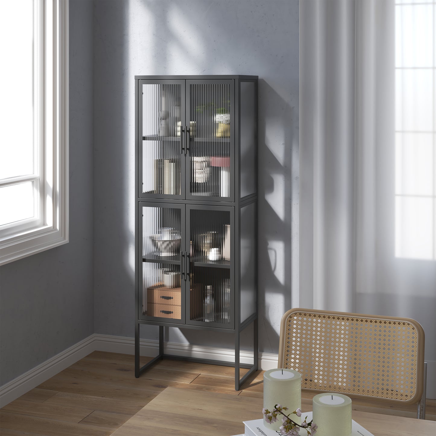 Benvolio 65.35-inch Black Four Door Storage Cabinet with Fluted Clear Doors