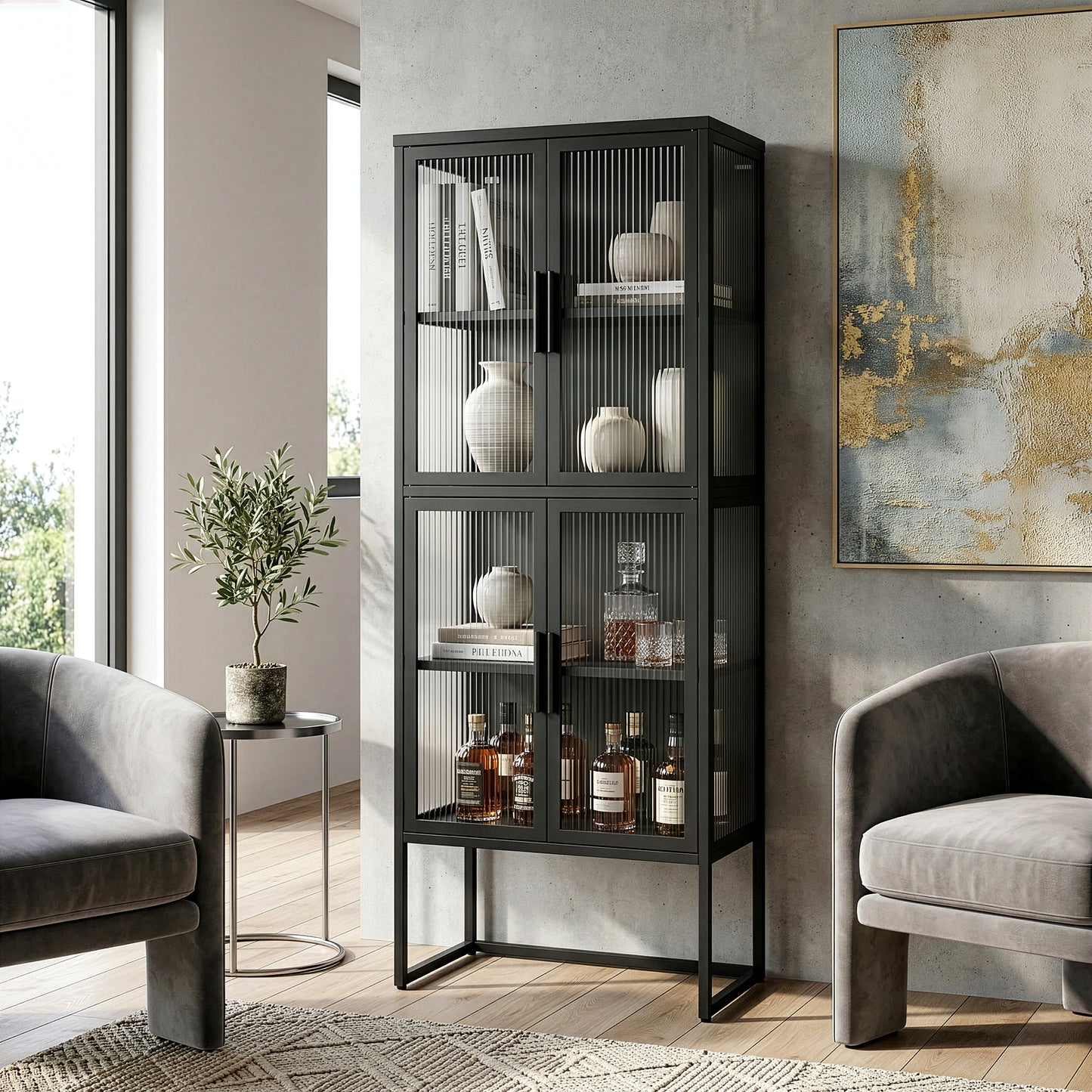 Benvolio 65.35-inch Black Four Door Storage Cabinet with Fluted Clear Doors